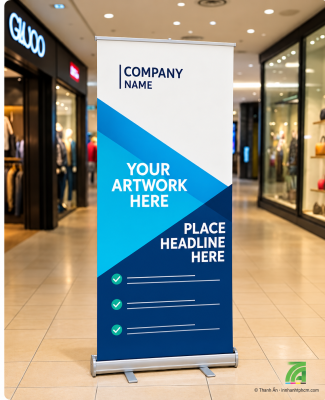 Mẫu standee cuộn nhôm màu xanh, logo bản quyền Thanh Ấn ngoài sản phẩm